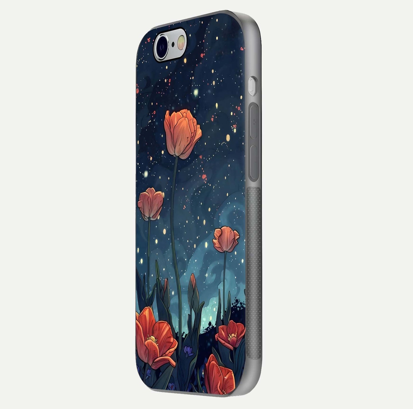 Midnight Tulip Glow Glass Case for iPhone 16 Pro side-angle image showing shine depth and flower artwork