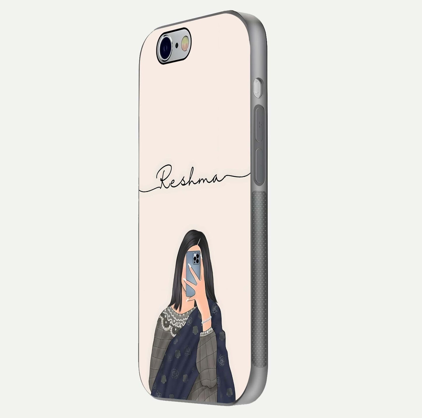 Mirror Mood Muse Custom Name Glass Case for iPhone 16 Pro side-angle image emphasizing glossy mirror texture