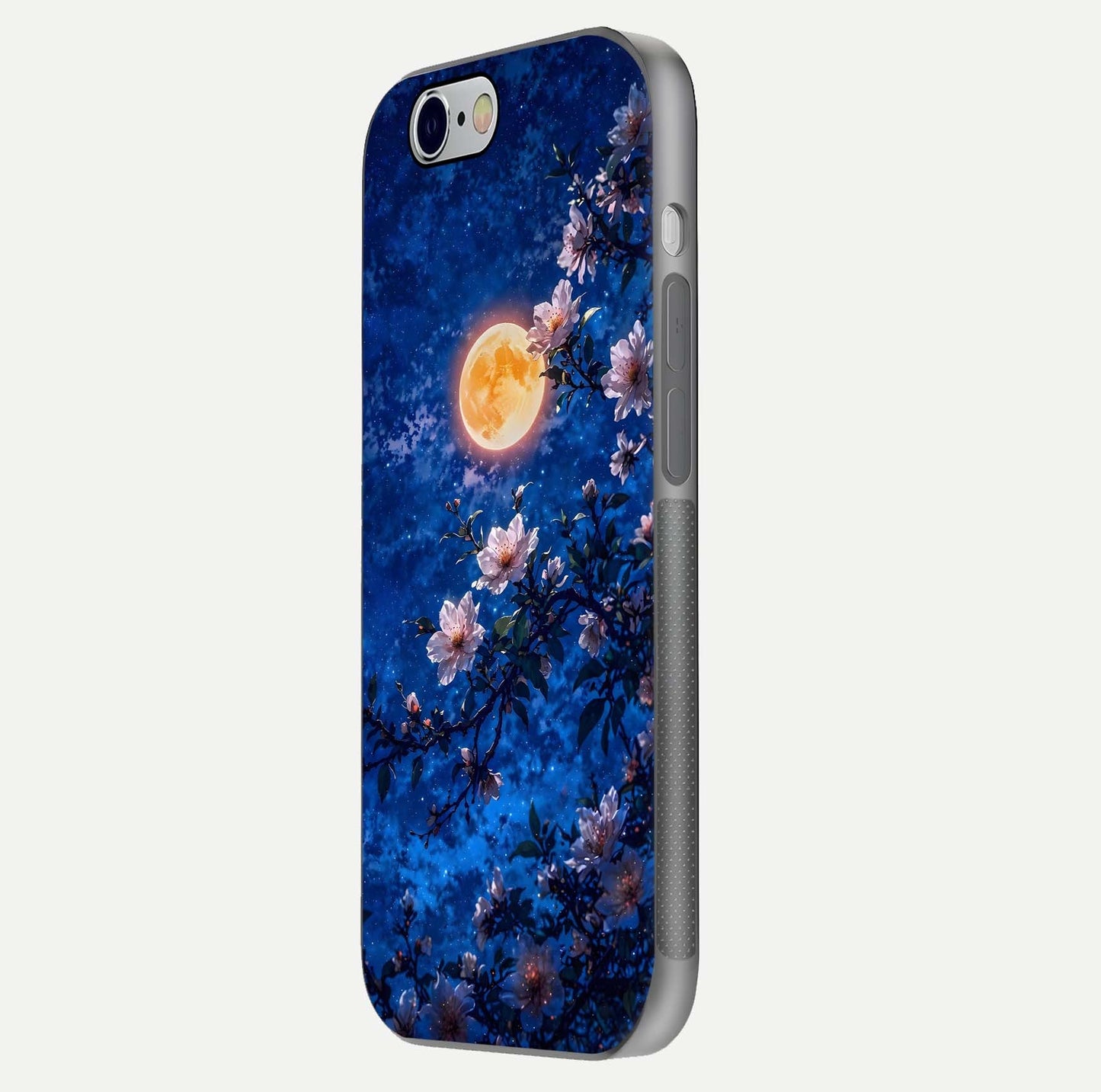 Moonlit Blossoms Night Glass Case for iPhone 16 Pro side-angle image revealing shine and night bloom texture