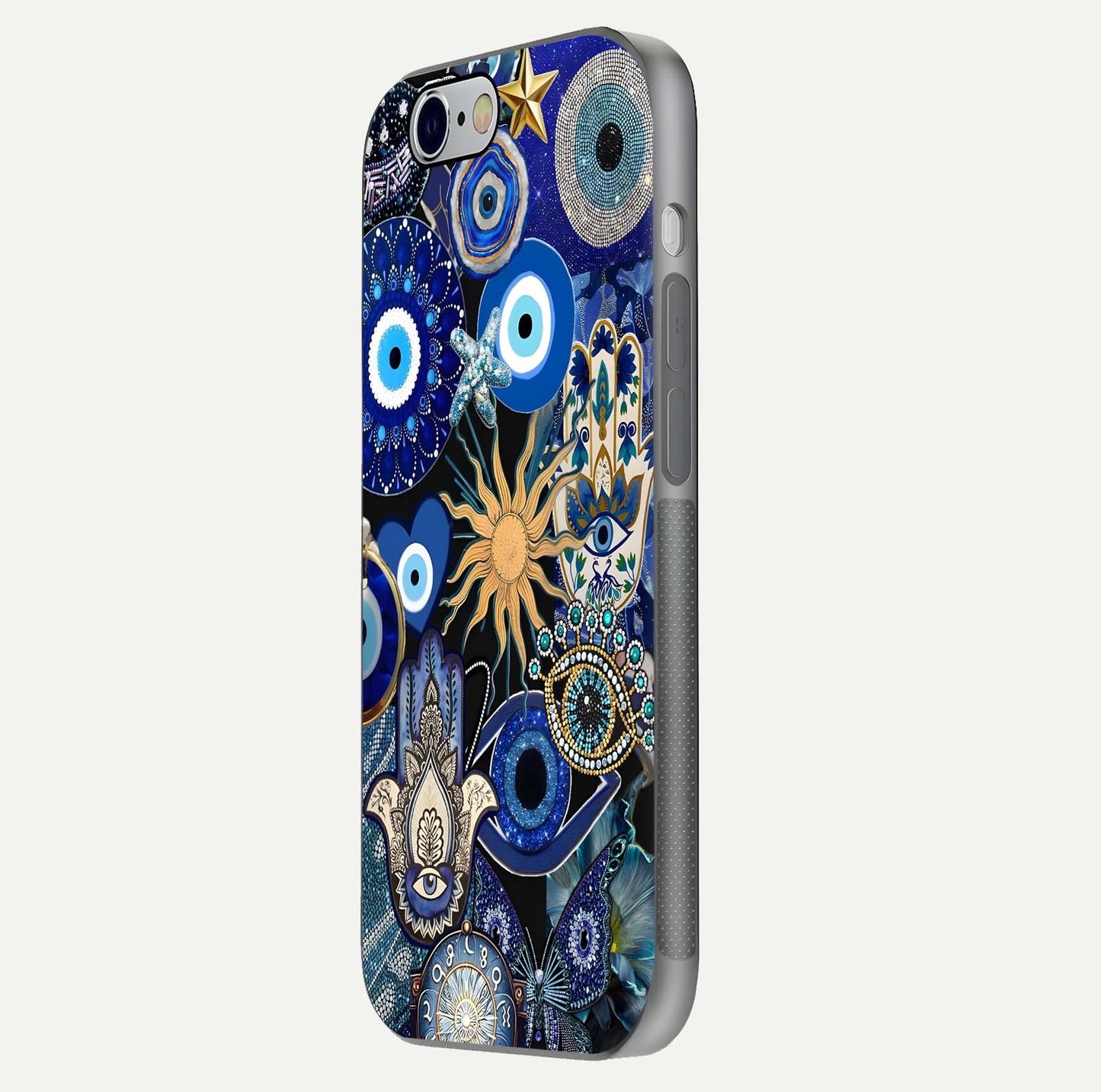 Mystic Blue Evil Eye Glass Case for iPhone 16 Pro side-angle image showing smooth gloss and charm design