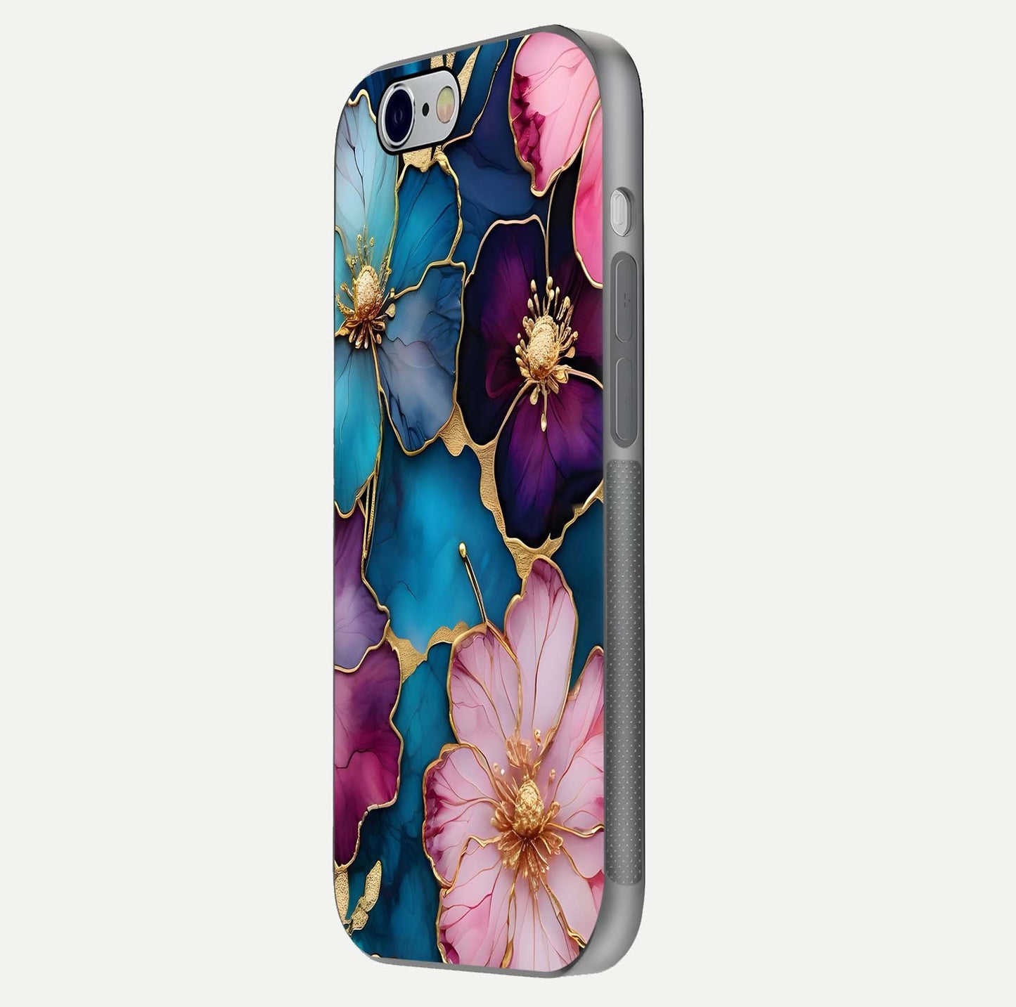 Sparkle Floral Glass Case for iPhone 16 Pro side-angle image showing reflection, gloss, and floral texture