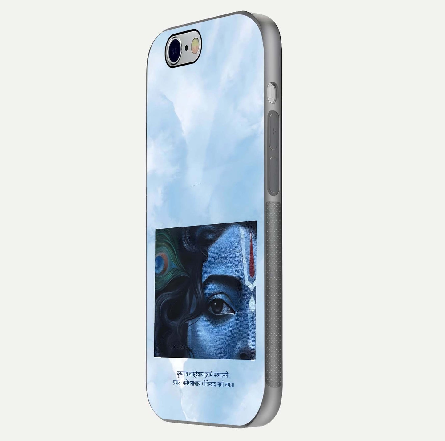 Spiritual Krishna Glass Case for iPhone 16 Pro side-angle image showing reflection and vivid artwork clarity