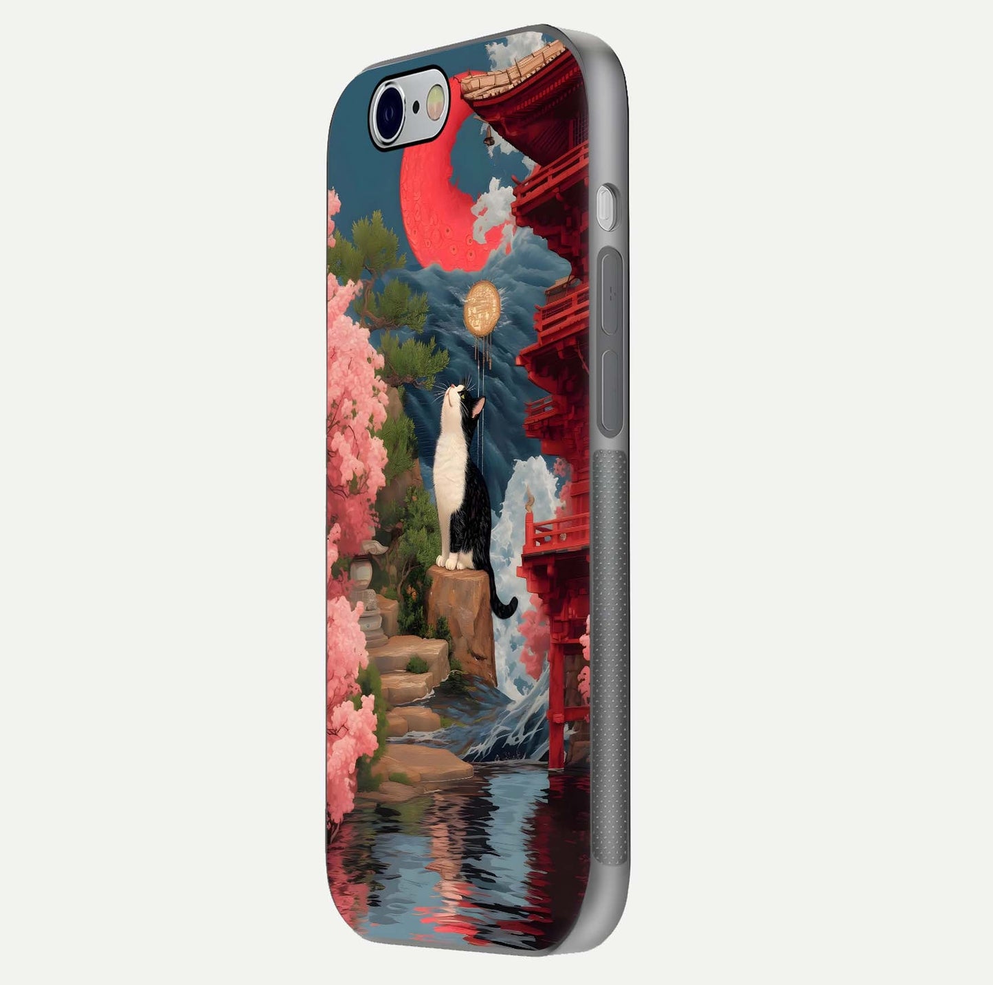 Temple Cat Scenery Glass Case for iPhone 16 Pro side-angle image showing shine and printed temple pattern