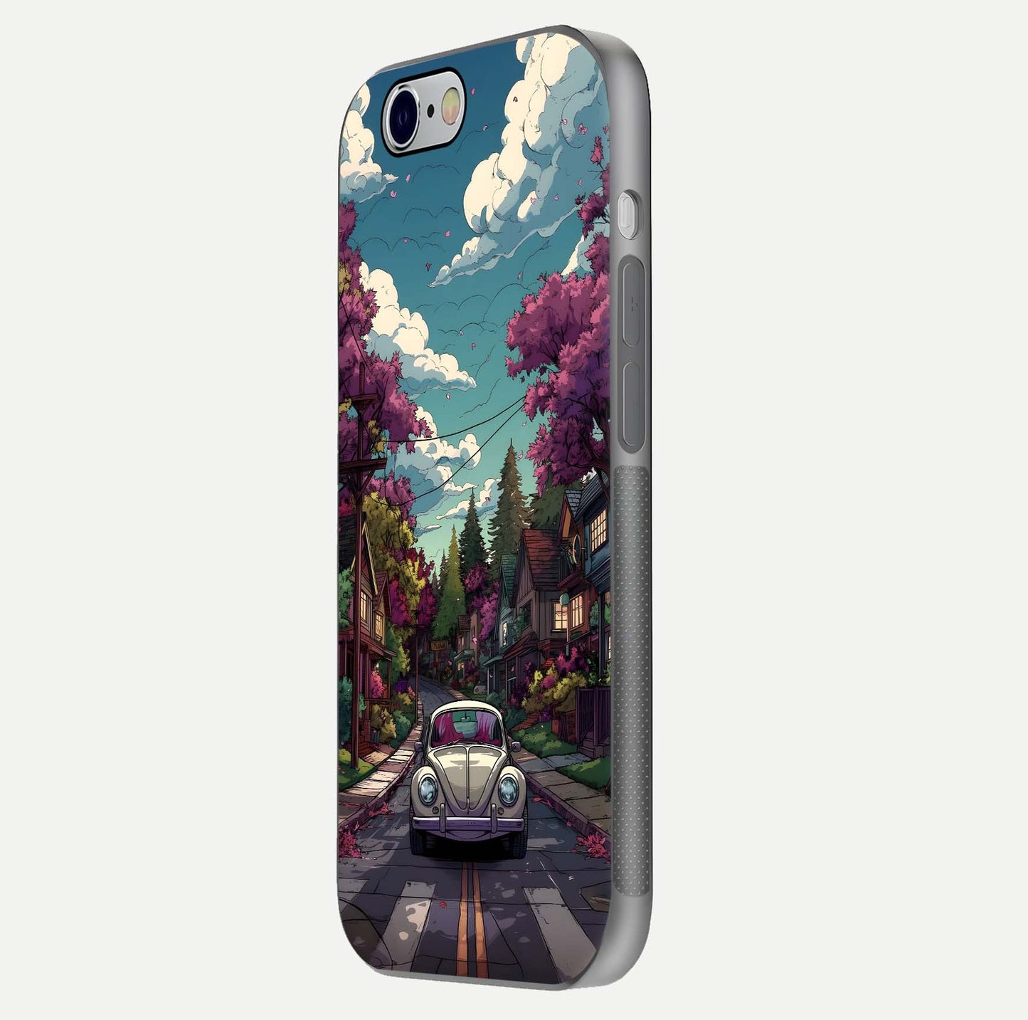 Vintage Street Drive Glass Case for iPhone 16 Pro side-angle image showing gloss reflection and design detail