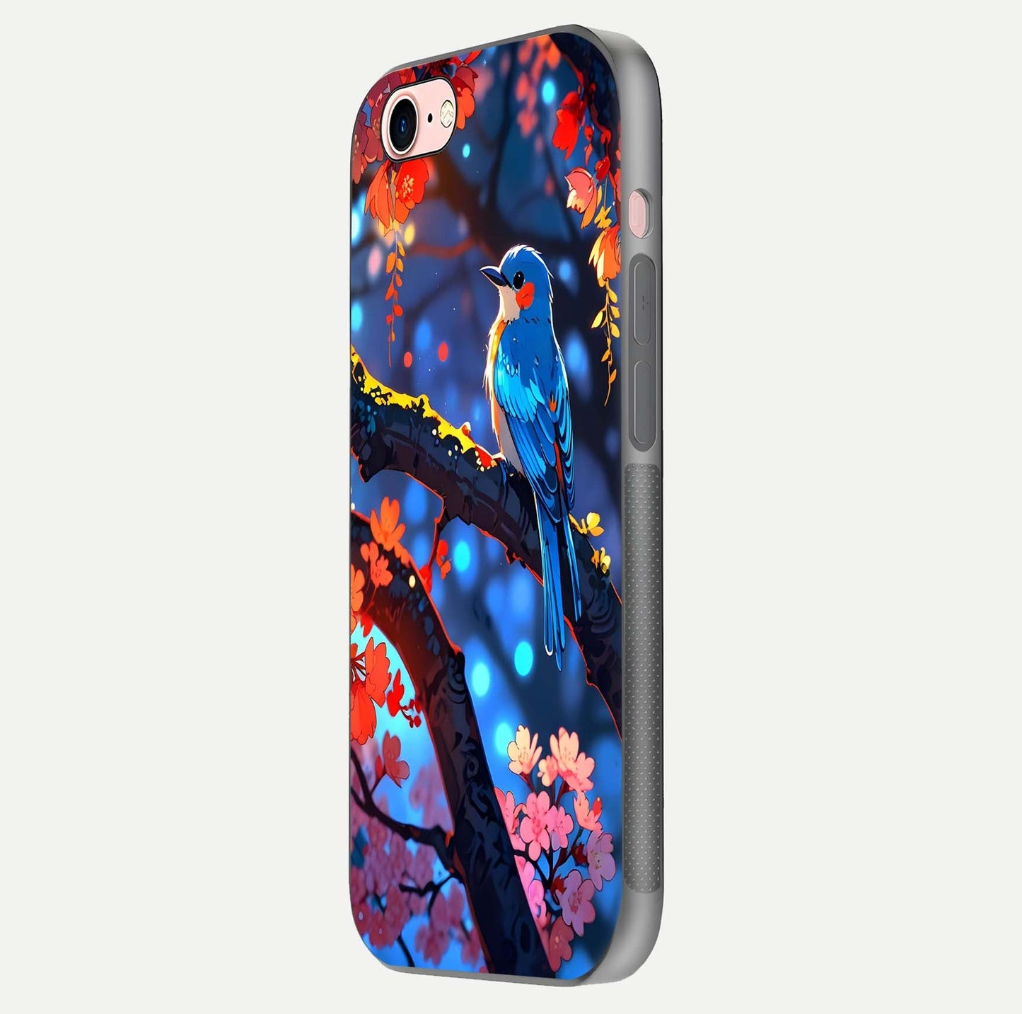 Blooming Spendor Bird Glass Case for iPhone 6 Plus side-angle photo showing floral wings and reflection finish