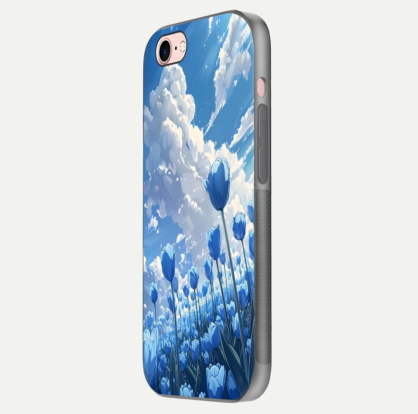 Blue Tulip Clouds Glass Case for iPhone 6 Plus side-angle image showing edge curve and flower reflection glow