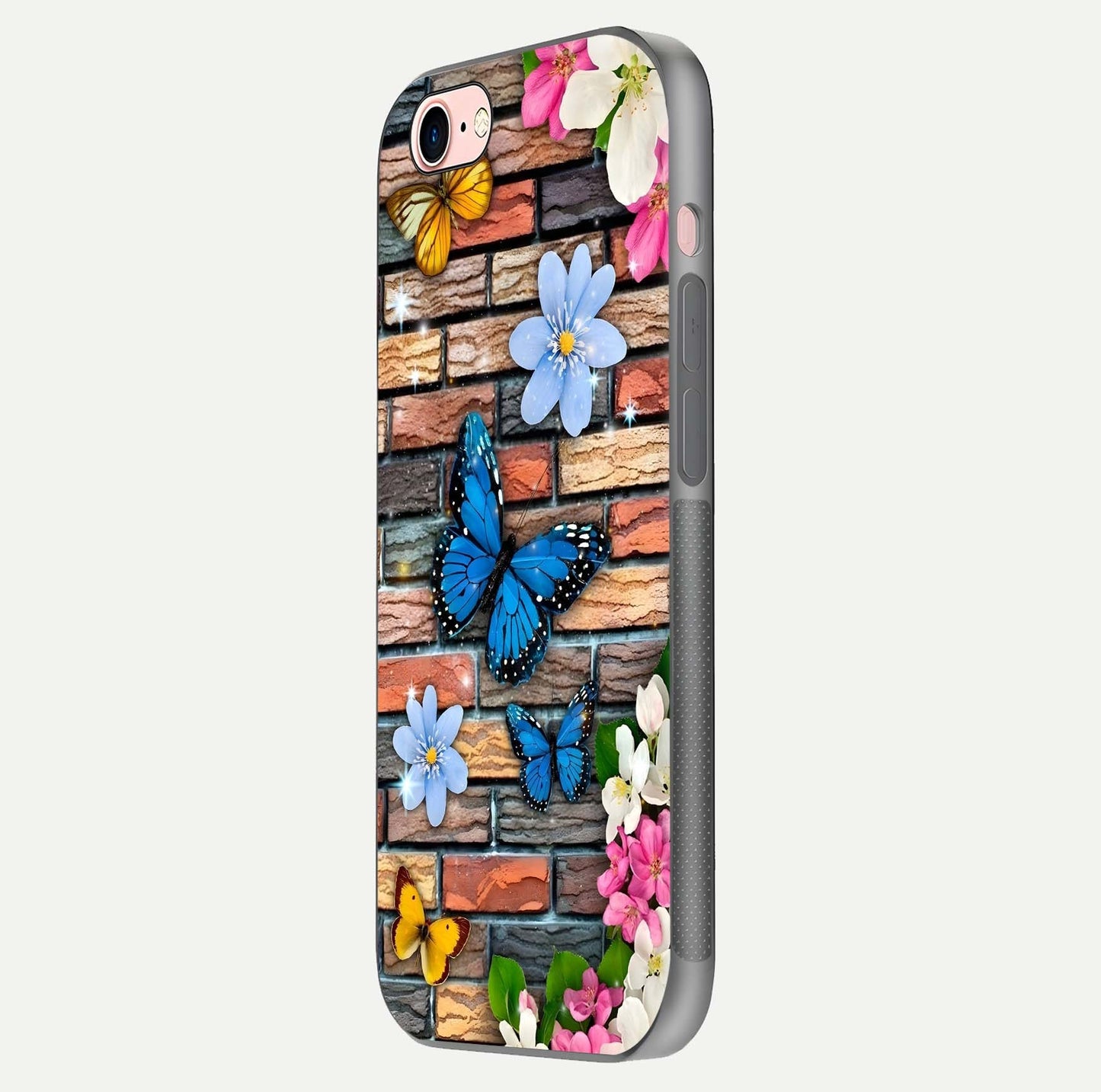 Brick Bloom Flight Glass Case for iPhone 6 Plus side-angle photo showing curve shine and detailed petal contrast