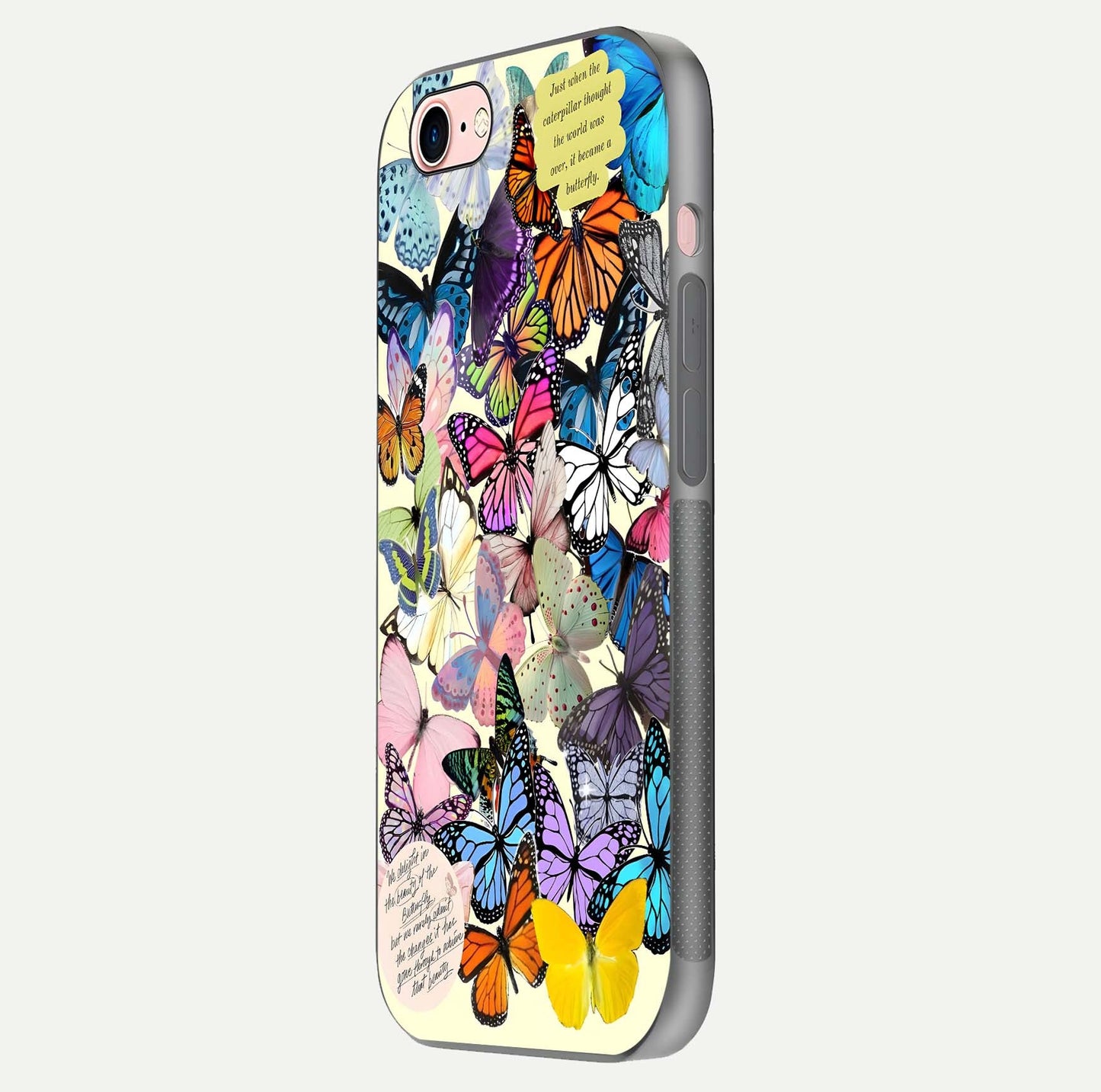 Butterflies Petal Dream Glass Case for iPhone 6 Plus side-angle shot showing butterfly motion and curved edges