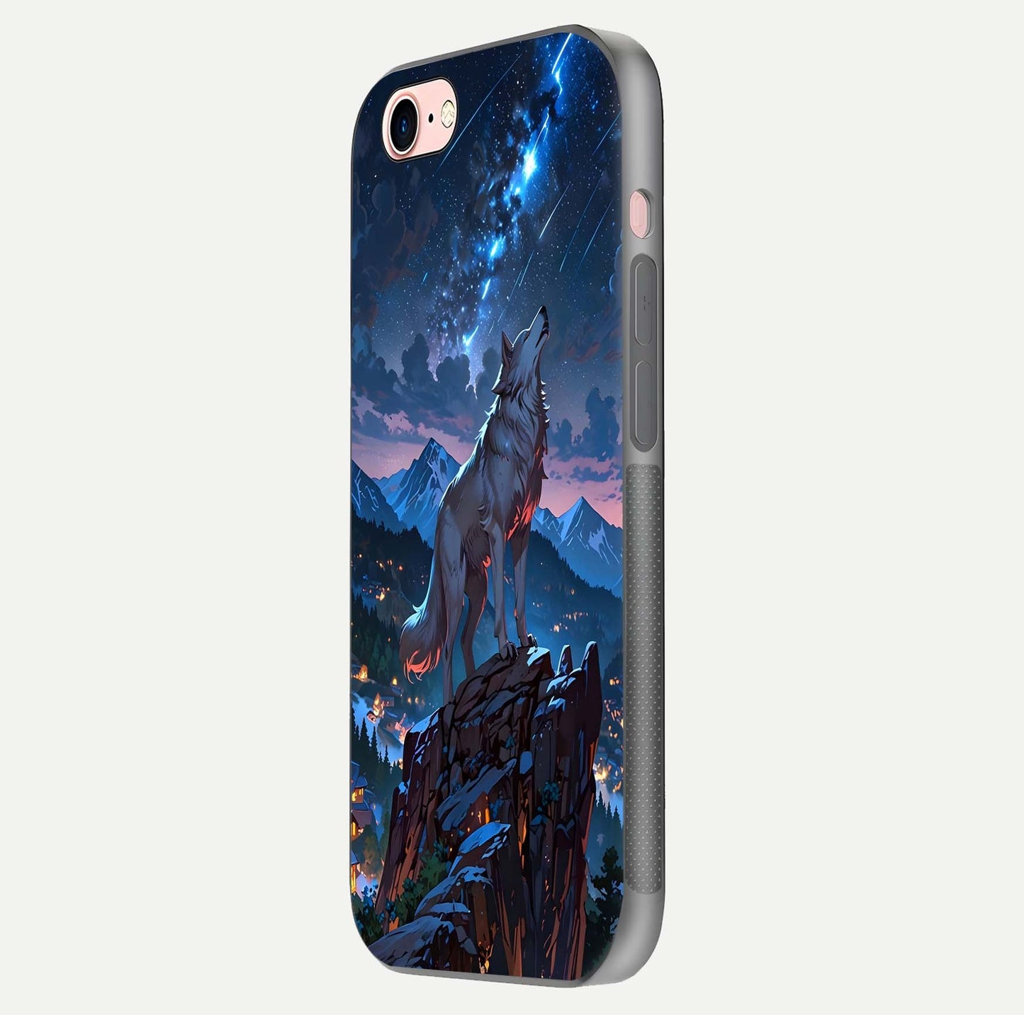Celestial Wolf Howl Glass Case for iPhone 6 Plus side-angle image showing curve polish and moon glow