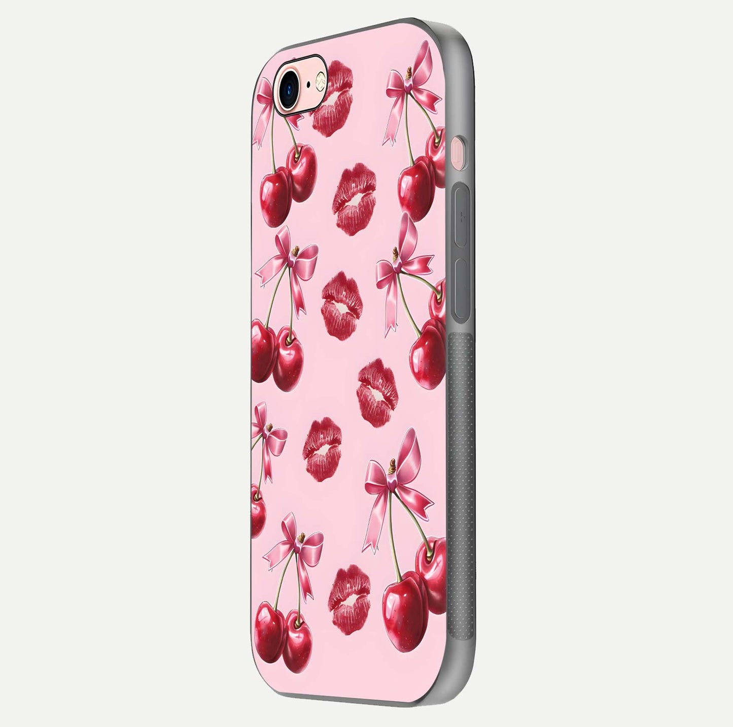 Cherry With Lips Glass Case for iPhone 6 Plus side-angle image showing gloss reflection and fine details