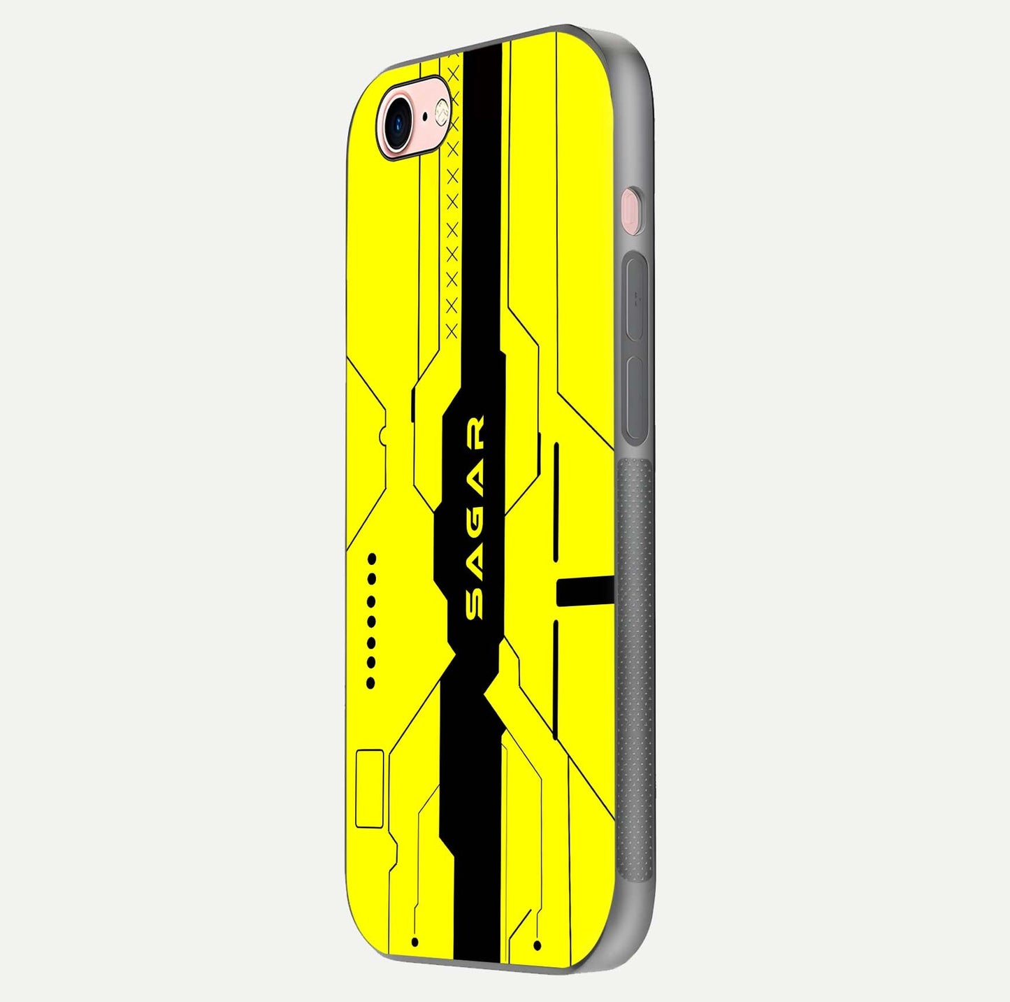 Circuit CYBERPUNK Custom Name Glass Case for iPhone 6 Plus side-angle image showing reflective finish and design precision