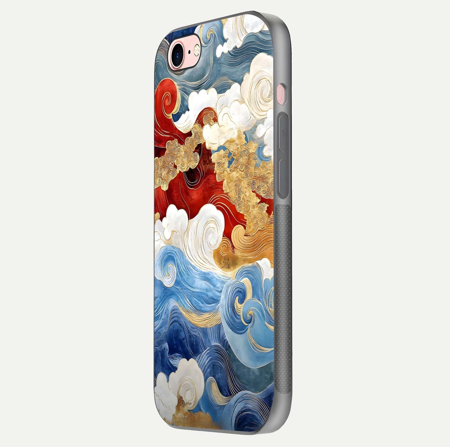 Colored Waves Glass Case for iPhone 6 Plus side-angle image showing light reflection, edge design, and shine