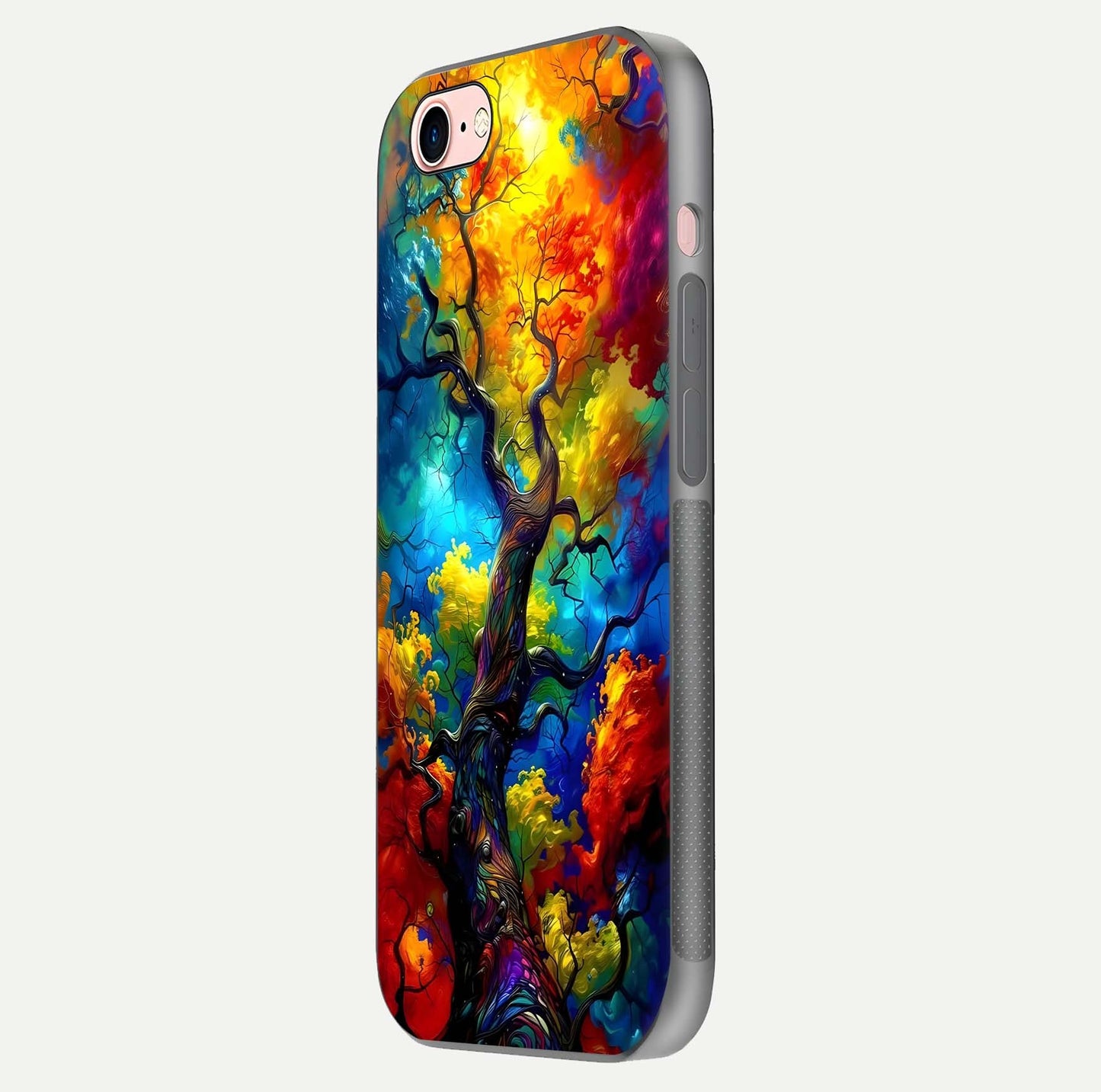 Colorful Tree Glass Case for iPhone 6 Plus side-angle image showing curve reflection and fine print texture