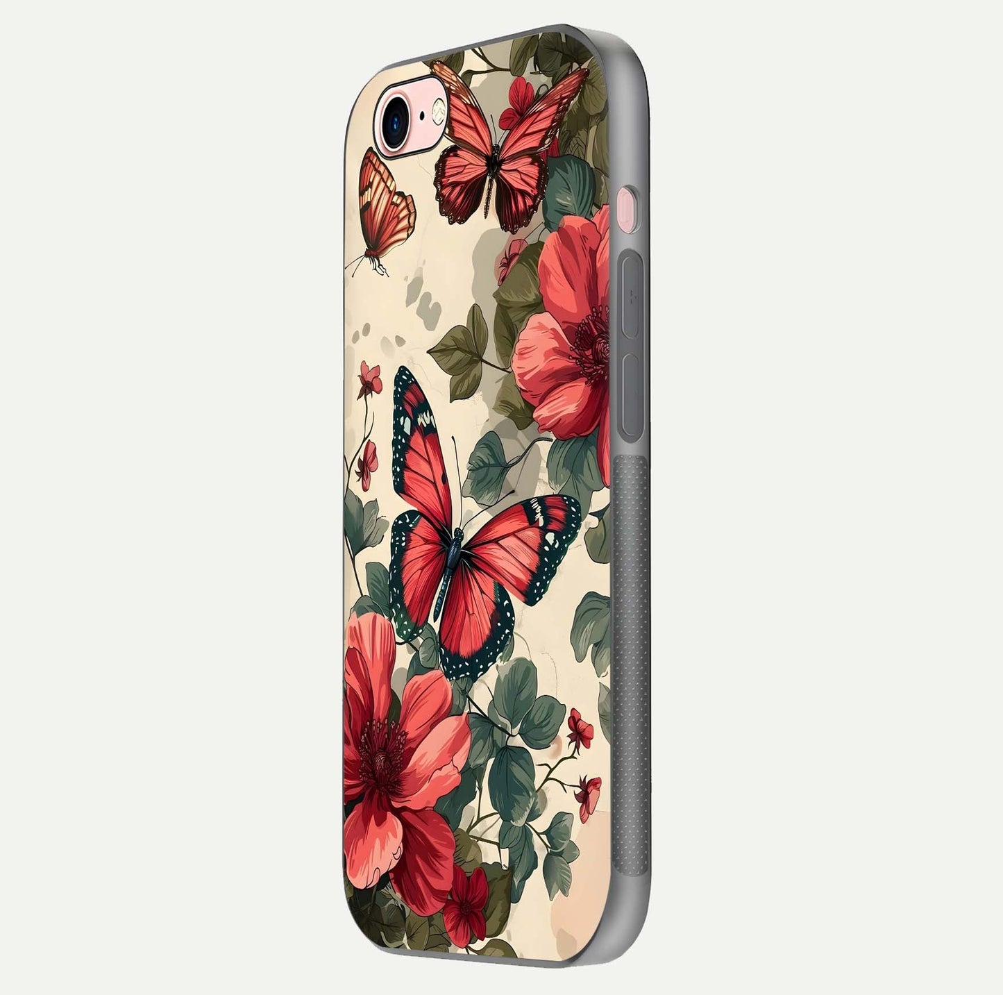 Crimson Butterfly Garden Glass Case for iPhone 6 Plus side-angle photo capturing gloss texture and soft tone