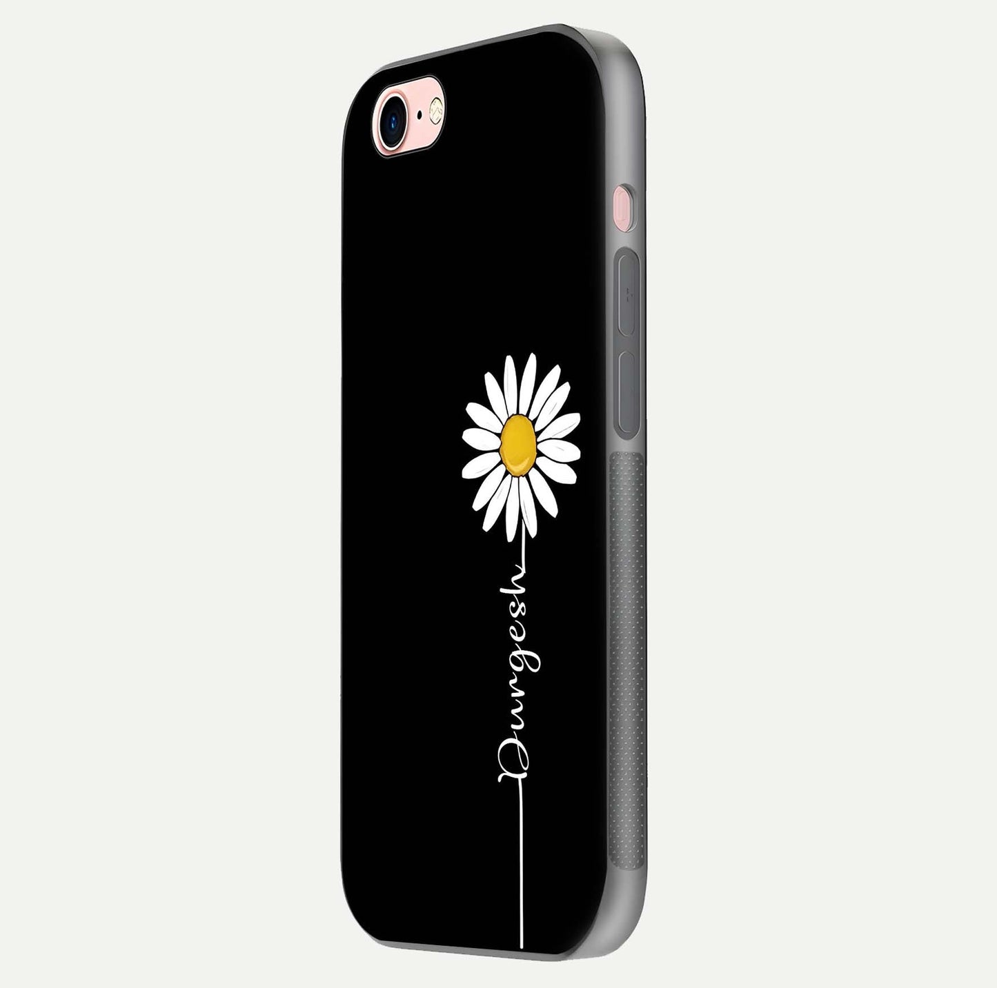 Custom Name White Flower Glass Case for iPhone 6 Plus side-angle photo showing reflection shine and name clarity