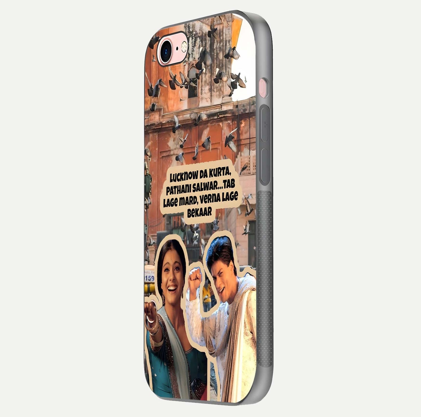 Desi Retro Vibes Glass Case for iPhone 6 Plus side-angle image displaying gloss texture and bold pattern