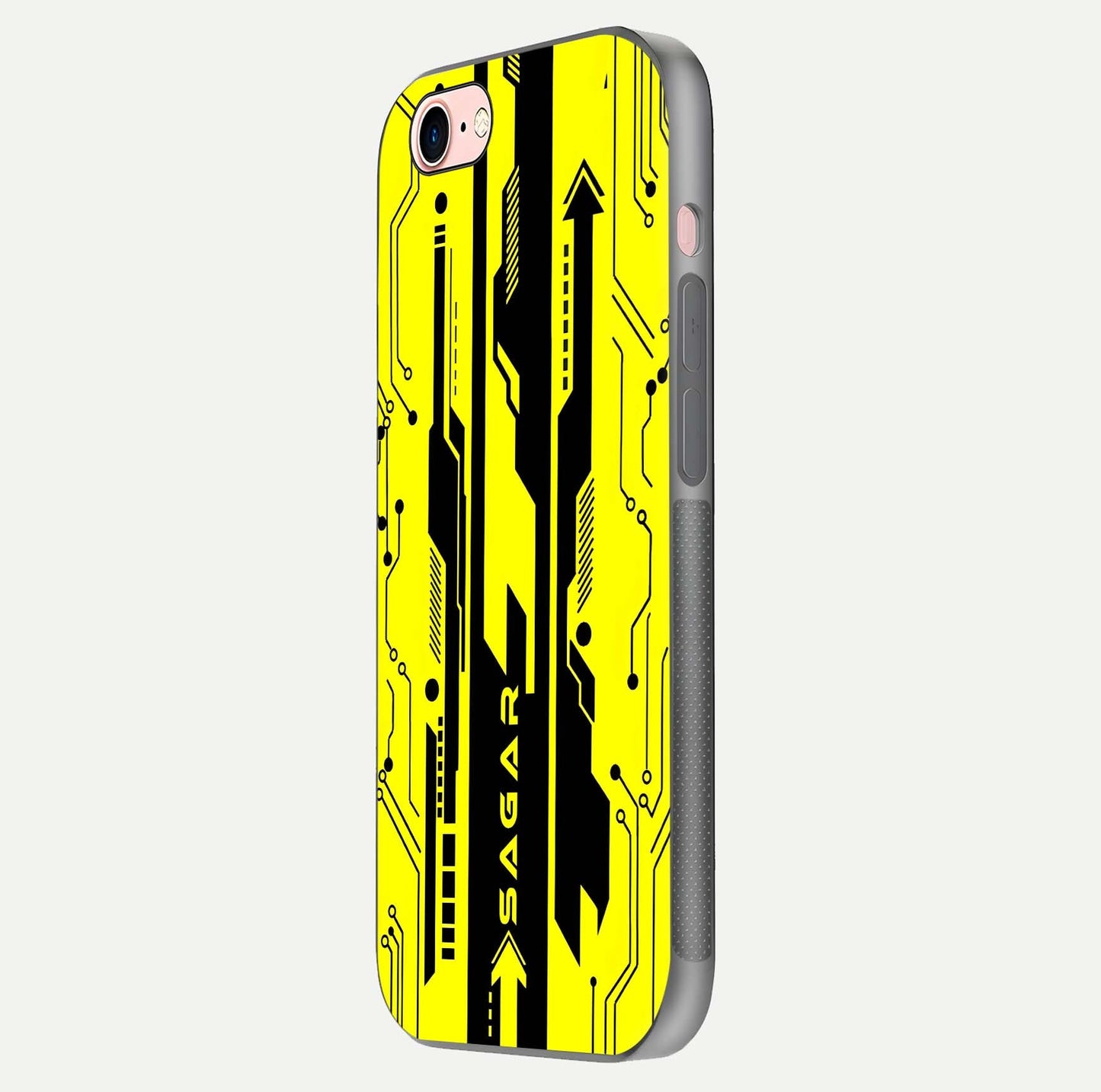 Electric Pulse CYBERPUNK Custom Name Glass Case for iPhone 6 Plus side-angle image showing glossy reflection and edge illumination