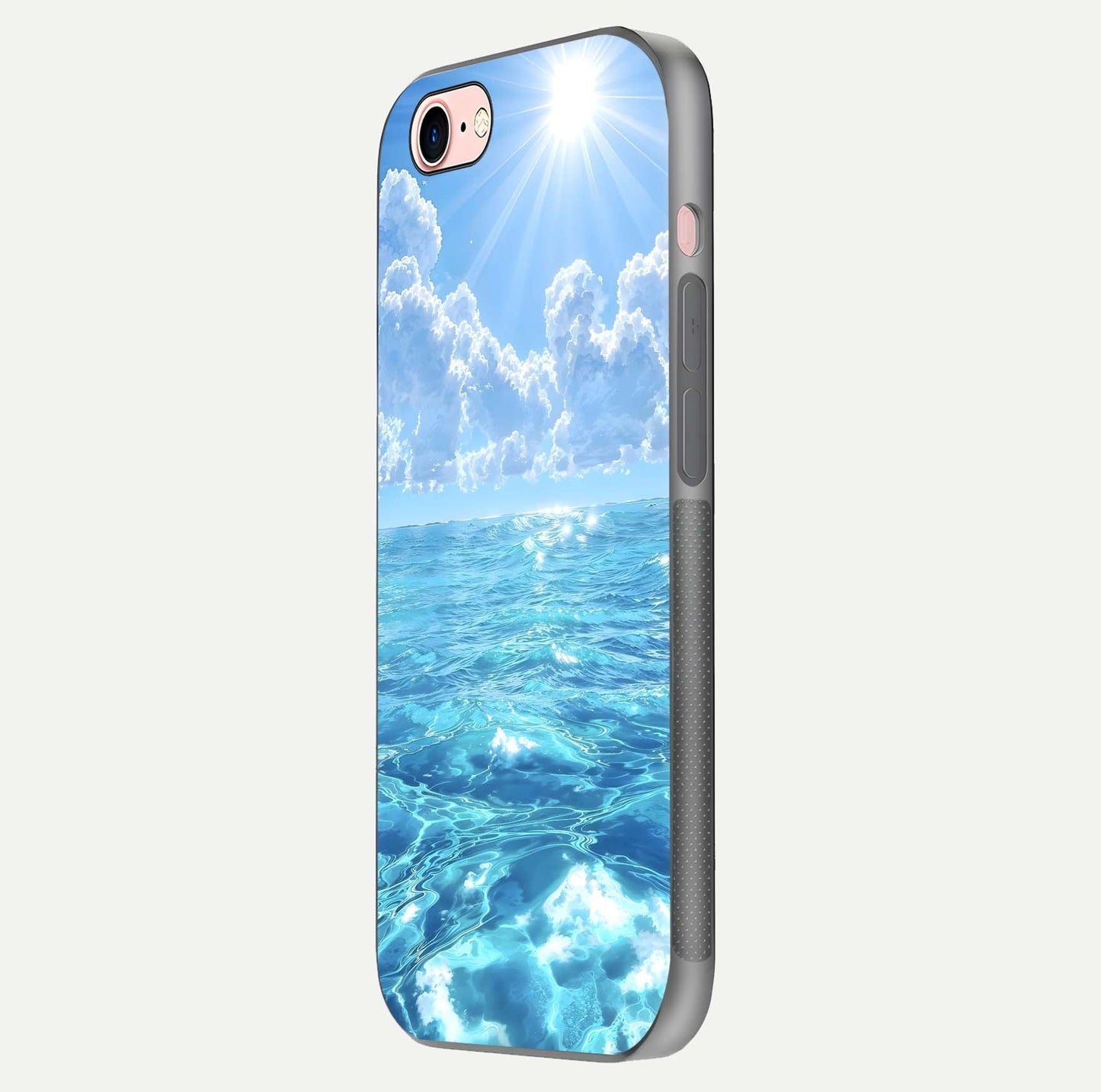 Endless Ocean Horizon Glass Case for iPhone 6 Plus side-angle photo showing reflection glow and wave tone