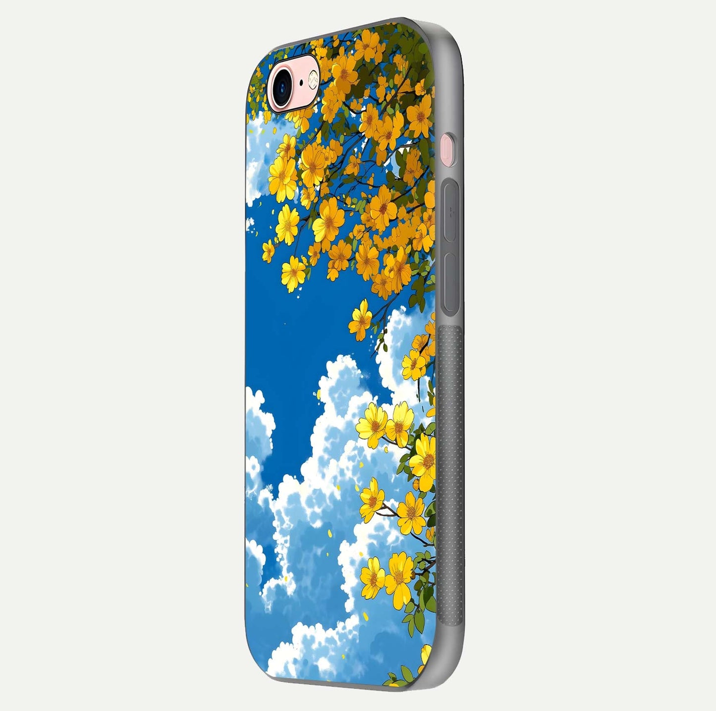 Golden Petal Sky Glass Case for iPhone 6 Plus side-angle image showing reflection depth and metallic floral tones
