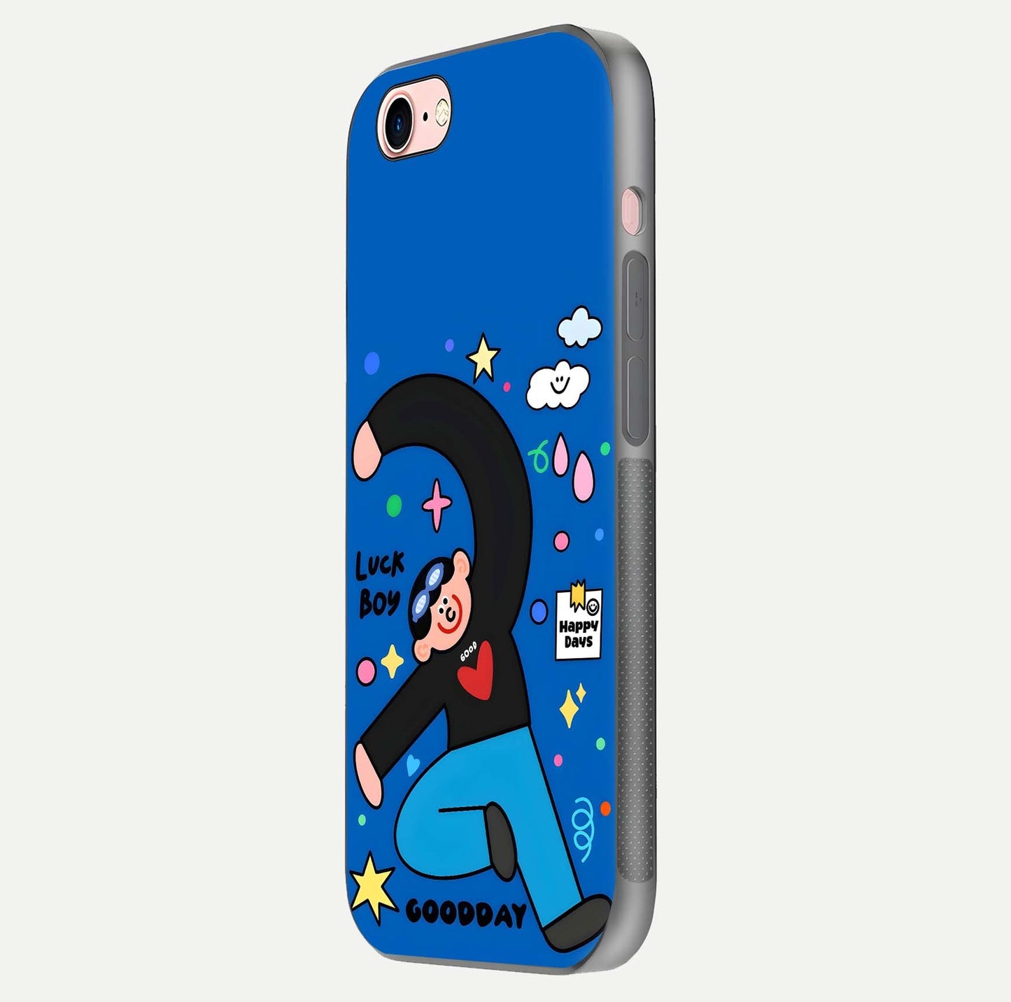 Happy Luck Vibe Glass Case for iPhone 6 Plus side-angle image showing reflection polish and vivid charm design