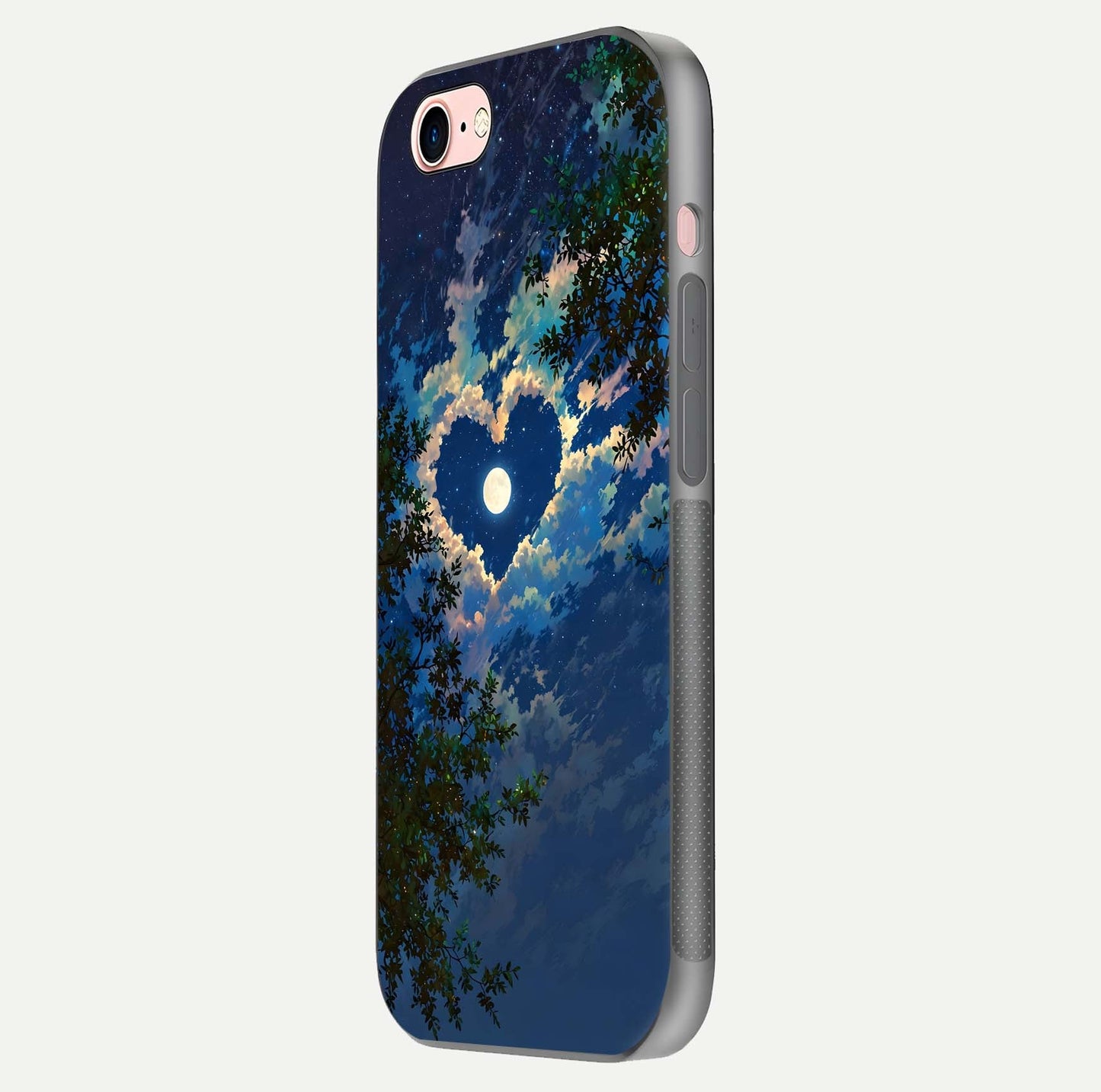 Heart with Moon Sky Glass Case for iPhone 6 Plus side-angle image showing reflection brightness and soft tone finish