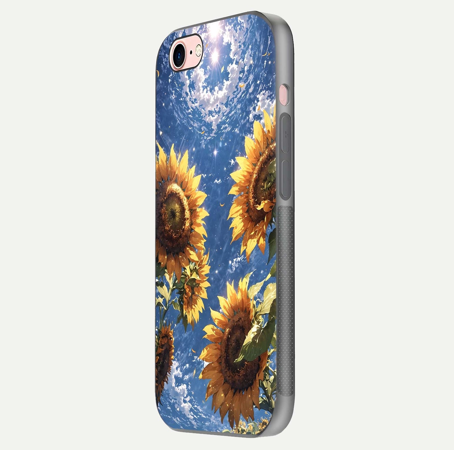 Heavenly Sunflower Rise Glass Case for iPhone 6 Plus side-angle image showing reflection glow and soft yellow tone