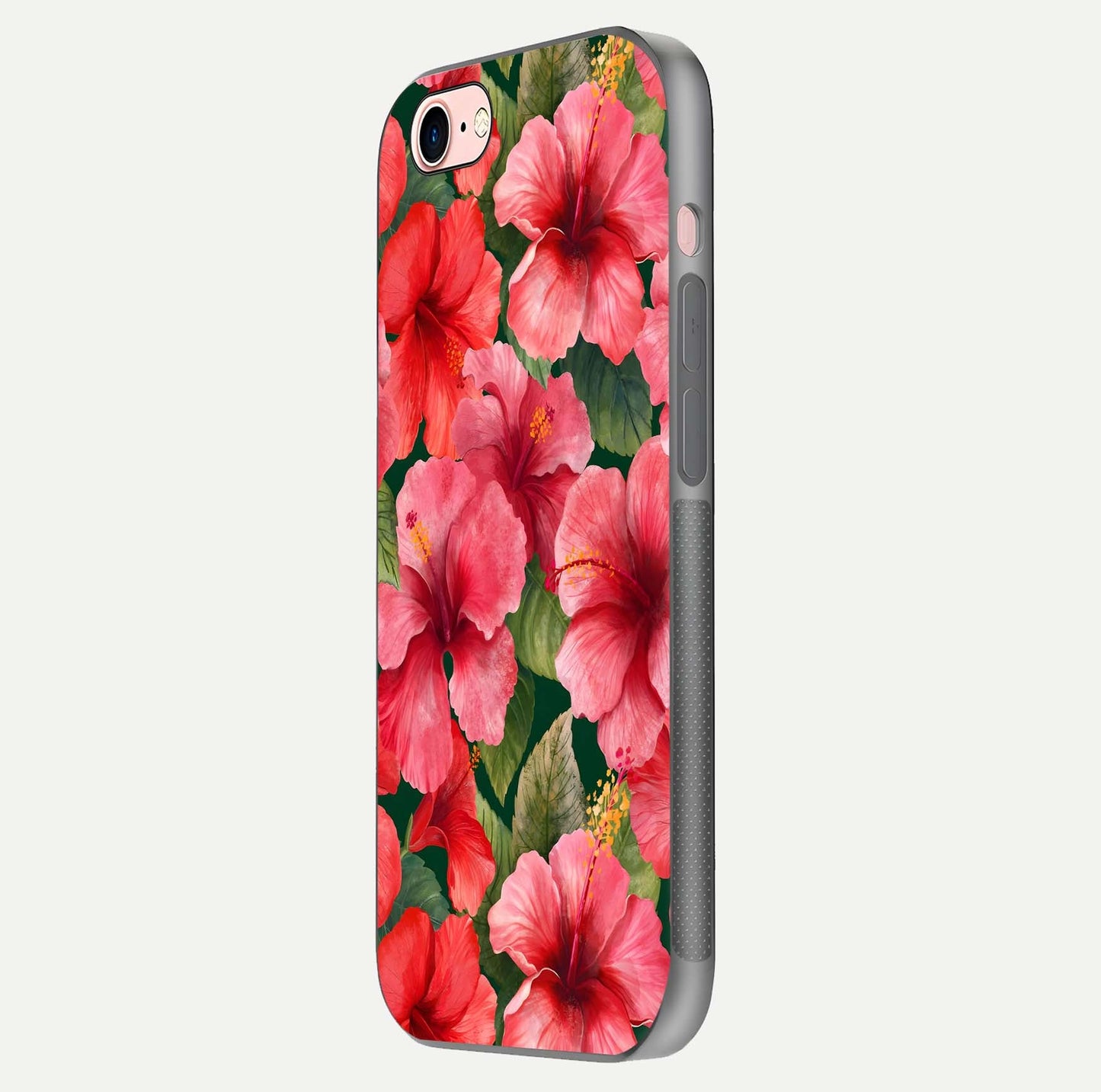 Hibiscus Pattern Glass Case for iPhone 6 Plus side-angle image showing reflection brightness and floral detailing