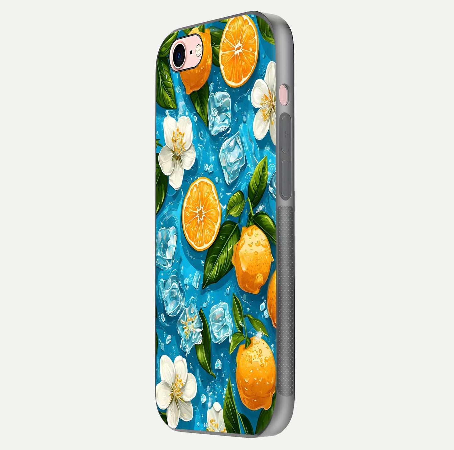 Ice Cube With Orange Glass Case for iPhone 6 Plus side-angle image showing reflection brightness and juicy pattern detail