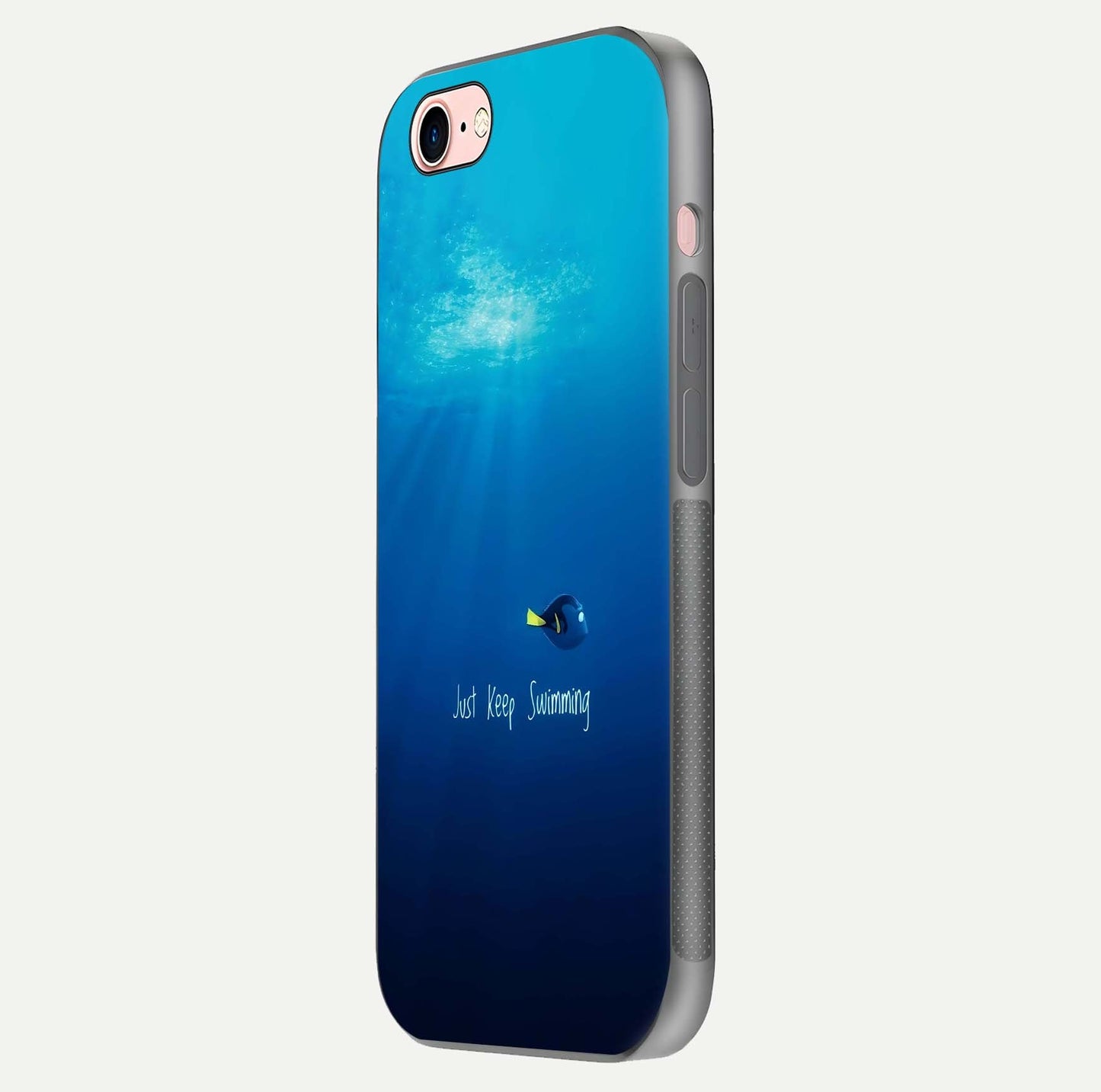 Just Keep Swimming Glass Case for iPhone 6 Plus side-angle image highlighting reflective surface and positive quote