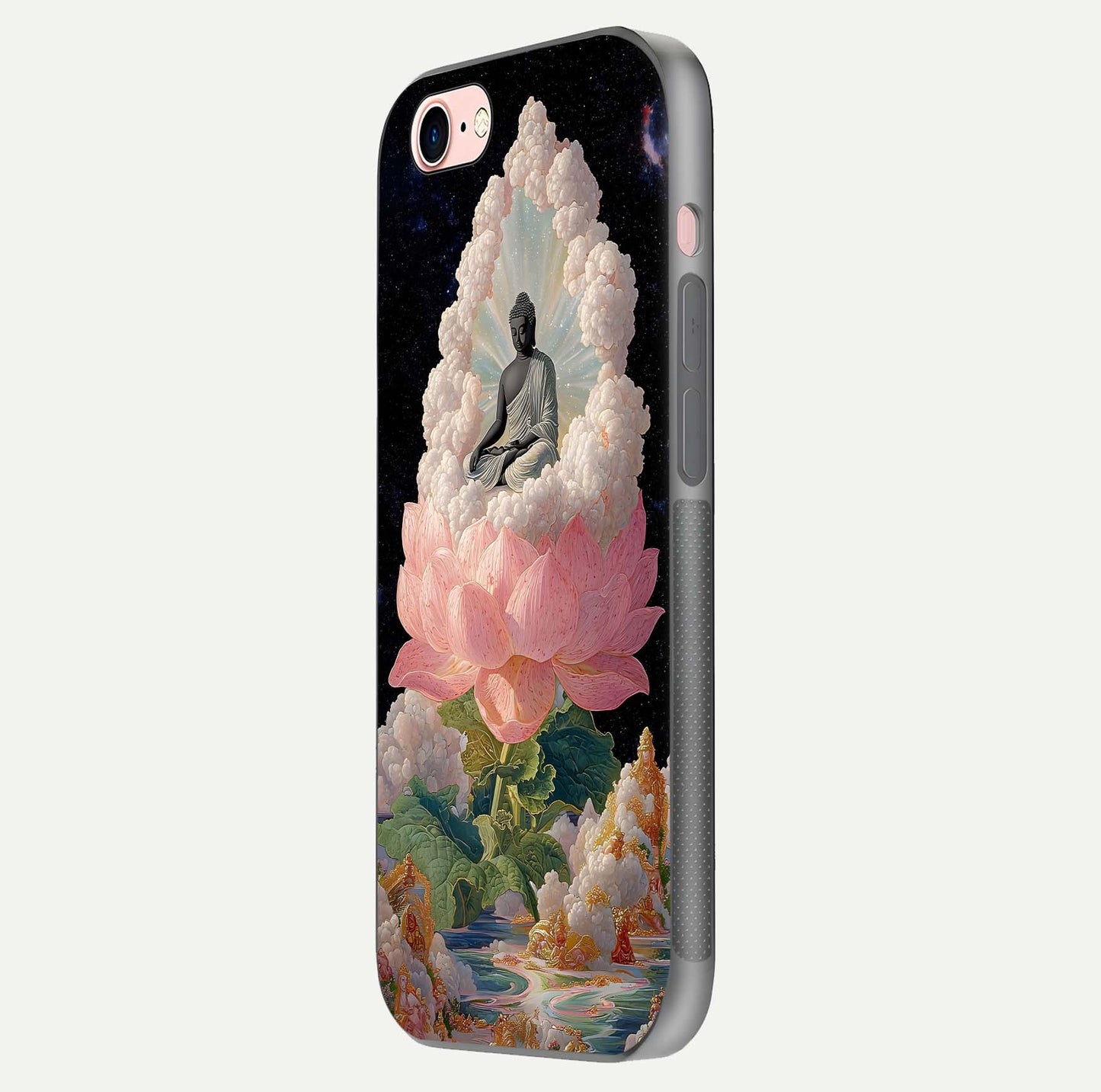 Lotus Divine Peace Glass Case for iPhone 6 Plus side-angle shot showing elegant shine and floral symmetry