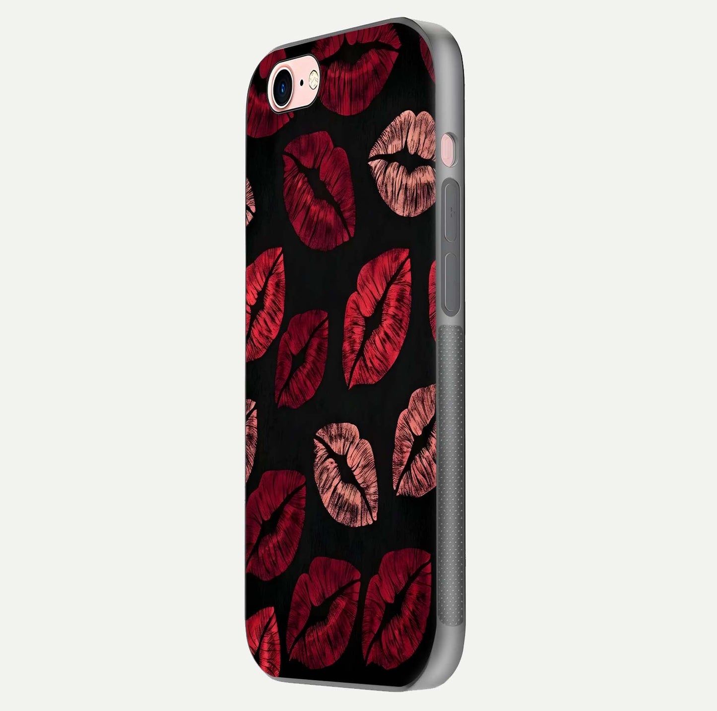 Midnight Kiss Love Glass Case for iPhone 6 Plus side-angle image revealing gloss texture and deep love motif