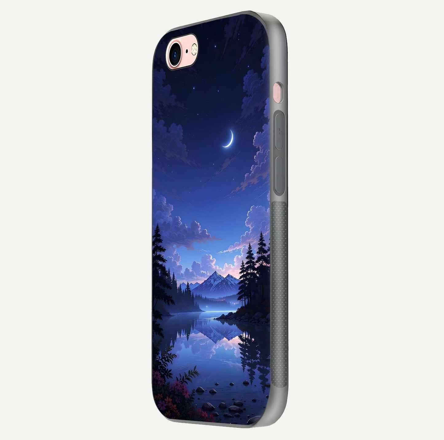 Midnight Lake Peace Glass Case for iPhone 6 Plus side-angle image showing HD shine and tranquil color tones