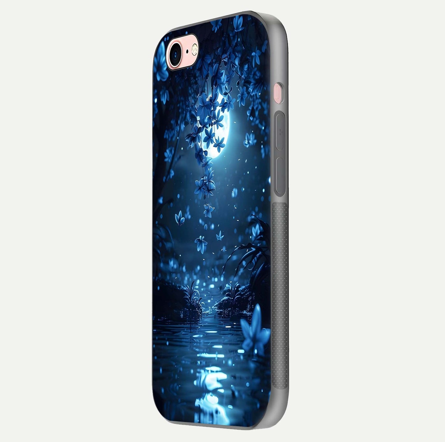 Moonlight Petal Dream Glass Case for iPhone 6 Plus side-angle image showing reflection and petal detail