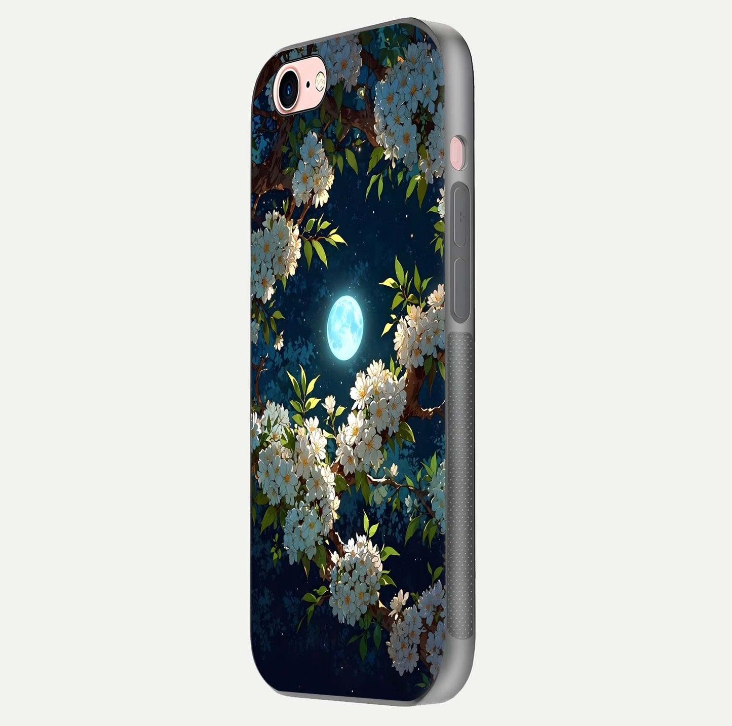 Moonlit Blossom Dream Glass Case for iPhone 6 Plus side-angle image showing shine depth and flower glow