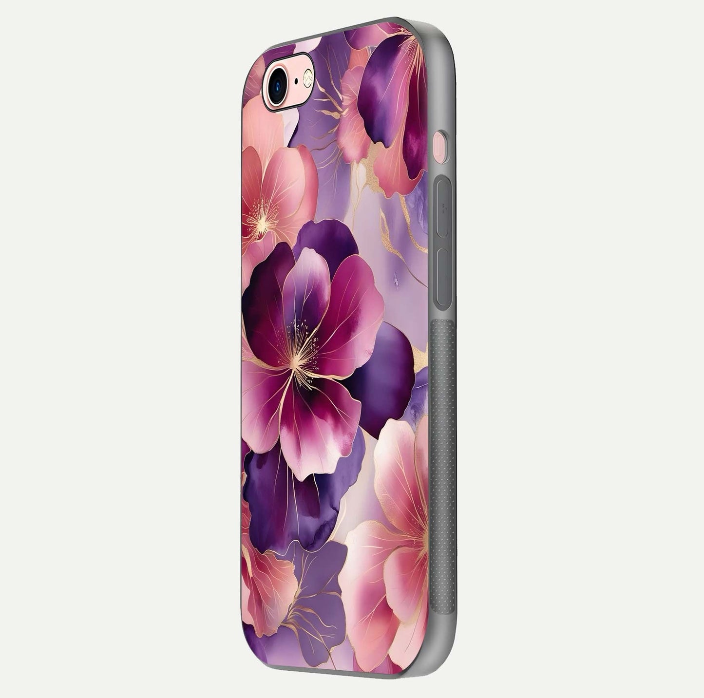 Pink Bouquet Florals Glass Case for iPhone 6 Plus side-angle image showing floral texture and reflection clarity