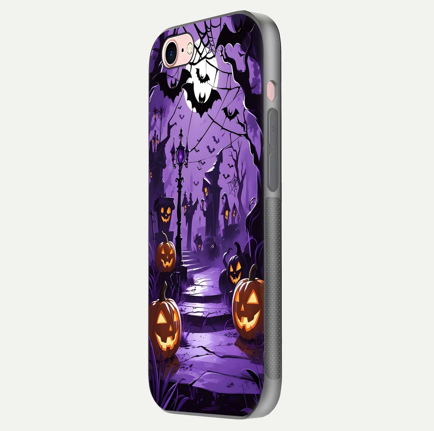 Pumpkin Patch Halloween Glass Case for iPhone 6 Plus side-angle image showing shine, camera cutout, and spooky art
