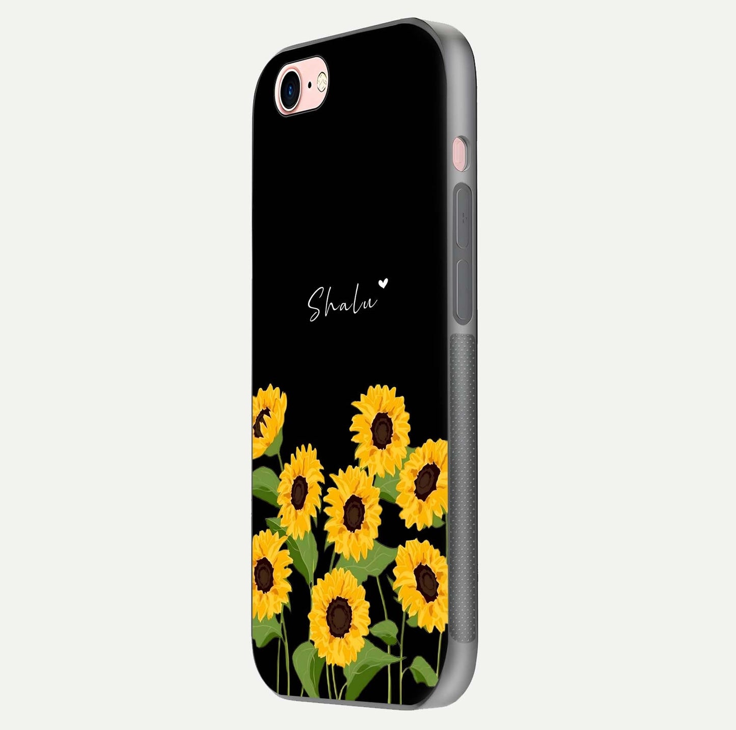Sunflower Chic Mood Custom Name Glass Case for iPhone 6 Plus side-angle image showing reflection and yellow floral tone