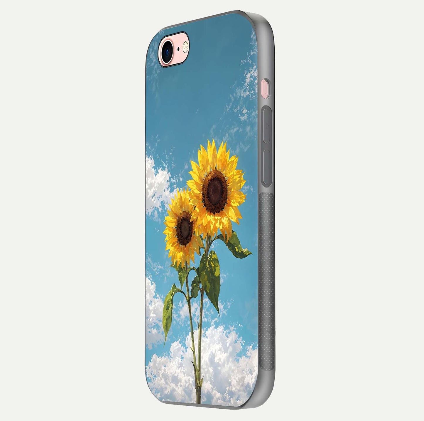 Sunflower Sky Bloom Glass Case for iPhone 6 Plus side-angle image showing reflection, edges, and sunflower color