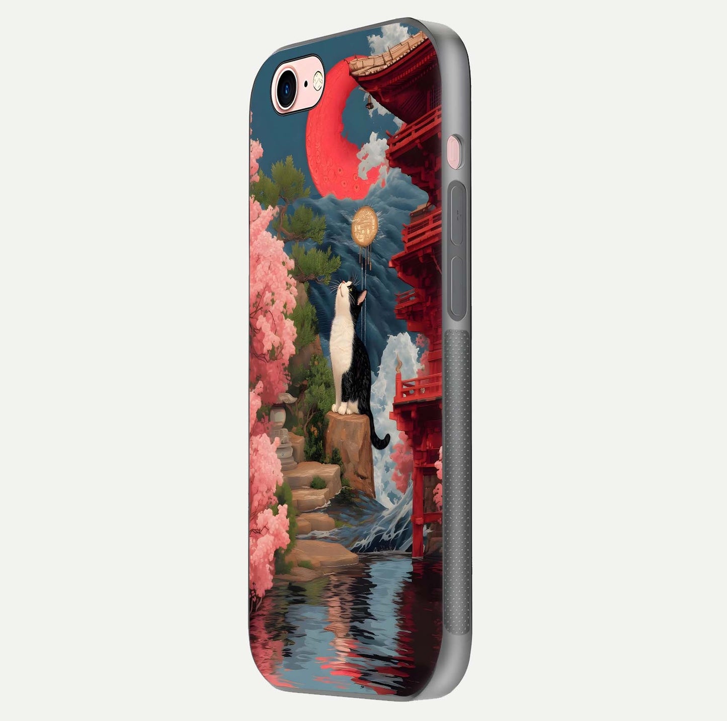 Temple Cat Scenery Glass Case for iPhone 6 Plus side-angle image showing shine and printed temple pattern