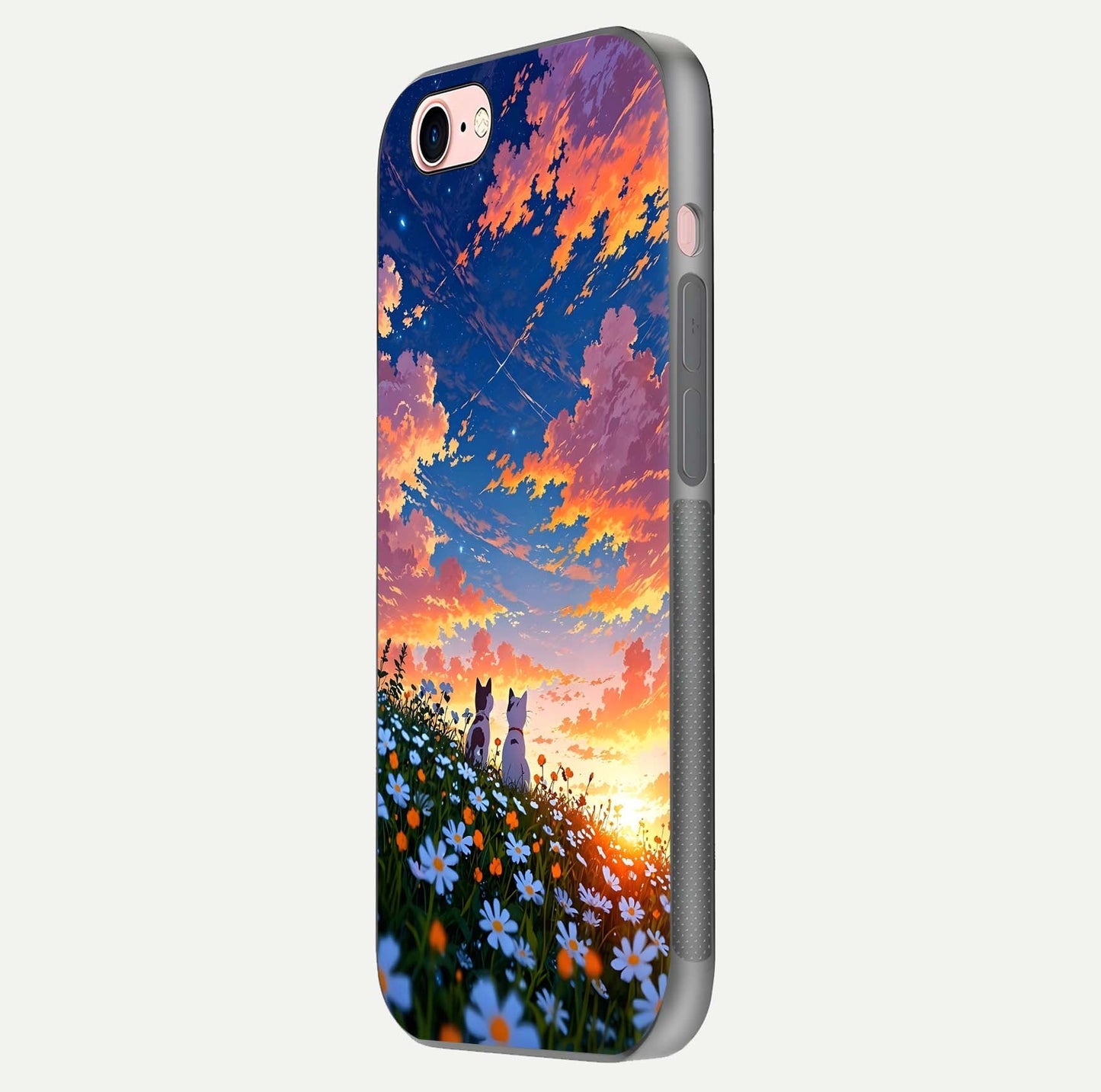 Two Cats Friends Glass Case for iPhone 6 Plus side-angle image showing reflection, gloss, and color depth