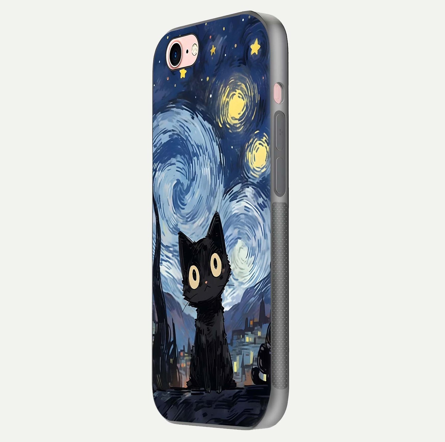 Van Gogh Cat Glass Case for iPhone 6 Plus side-angle image showing light reflection and vivid artwork