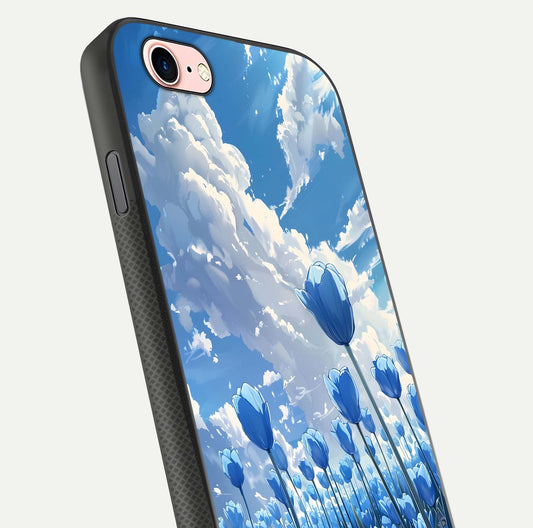Blue Tulip Clouds Glass Case for iPhone 6 Plus close-up image highlighting tulip petals, clouds, and reflection texture