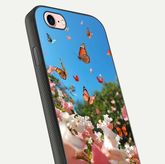 Butterflies in Bloom Sky Glass Case for iPhone 6 Plus close-up shot showing wings, petal reflections, and soft hues
