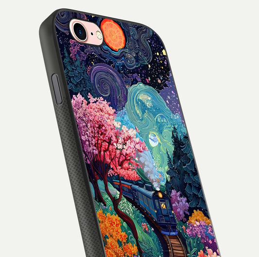 Celestial Train Journey Glass Case for iPhone 6 Plus close-up highlighting train lights, cosmic tones, and reflection detail