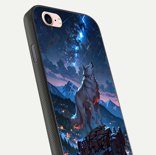Celestial Wolf Howl Glass Case for iPhone 6 Plus close-up showing wolf silhouette and glowing moon reflection