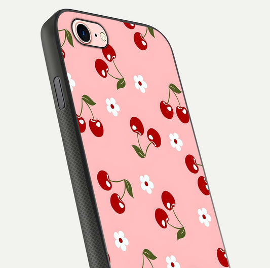 Cherry Love Mood Glass Case for iPhone 6 Plus close-up highlighting cherry heart pattern and reflection shine