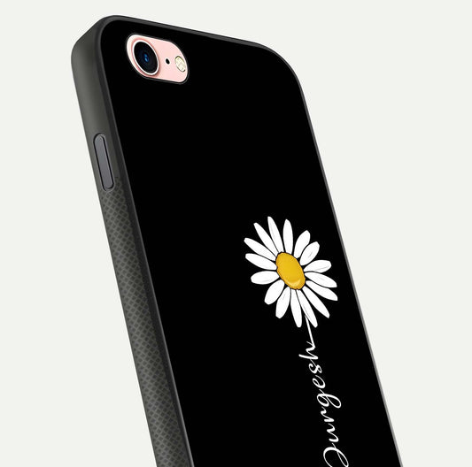 Custom Name White Flower Glass Case for iPhone 6 Plus close-up highlighting petals, name print, and reflection polish