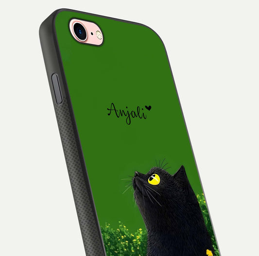 Emerald Cat Custom Name Glass Case for iPhone 6 Plus close-up highlighting feline detail, emerald hues, and reflection polish
