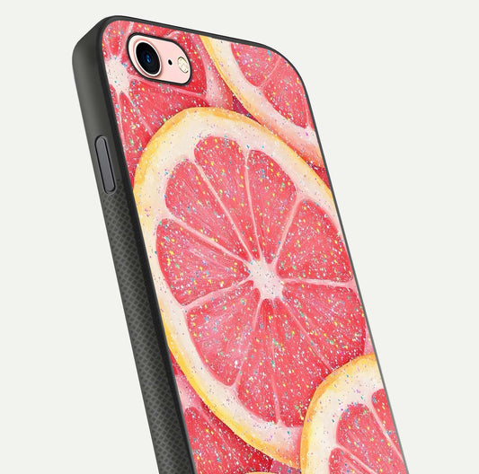 Glitter Grapefruit Glass Case for iPhone 6 Plus close-up angled shot showing fruit texture and glitter reflection
