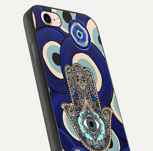 Hamsa Divine Guard Glass Case for iPhone 6 Plus close-up angled shot showing detailed palm motif and reflection glow